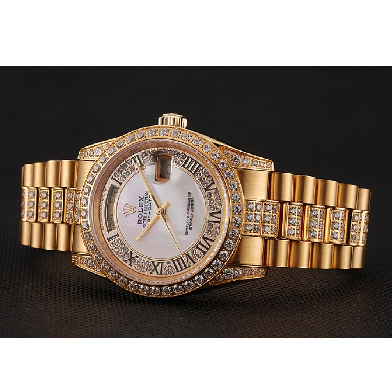 Aaa replica watch Dial Diamond Pave 1453958 Rolex Diamond Gold White Swiss Day-Date Bracelet 0527